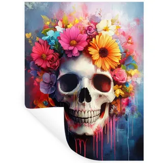 MuchoWow Wandsticker Totenkopf - Blumen - Totenkopf - Bunt (1 St), Wandtattoo, Selbstklebend, Wohnzimmer, 30x40 cm bunt 30 cm x 40 cm x 0.1 cm