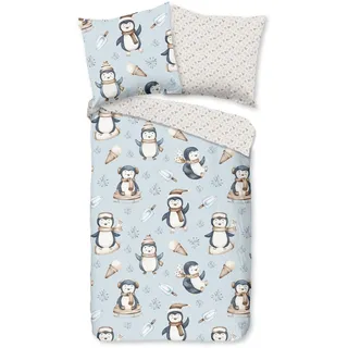 Muller Textil Jani Pinguinmotiv Baumwolle Blau 135 x 200 cm + 2 x 80 x 80 cm