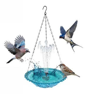 Solar-Vogeltränke mit Brunnen, Solarbrunnen Vogeltränken für den Außenbereich, hängende Vogeltränke mit Kette für Gartenvögel, Hof und Terrasse(blau)