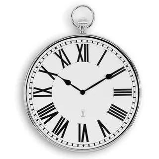 Fishtec Design Wanduhr - Style Taschenuhr Vintage - Große römische Zahlen - Leicht lesbar - Funkgesteuert - Ø 30 cm - Für Küche, Wohnzimmer, Schlafzimmer - Silberfarben