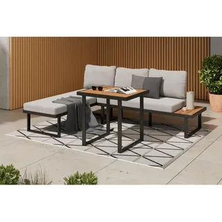 Ambia Garden Dining-Loungeset, Grau, Natur, Schwarz, Holz, Metall, Akazie, vollmassiv, Füllung: Schaumstoff, 219x147 cm, Loungemöbel, Gartenlounge-Sets