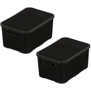 BranQ - Home essential Korb mit Deckel in Rattan Design 2er Set Grösse S 7l, Kunststoff PP, Schwarz, 28,5x19,5x12,9 cm, 2 Stk.