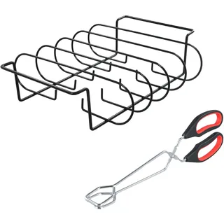 Naseom Spare Ribs Halter für Smoker, Grill-Rippenregale zum Räuchern mit Barbecue Grillen Zange Edelstahl, Hält Bis zu 5 Volle Rippenracks, Rippenständer Geeignet für Gasgrills und Holzkohlegrills