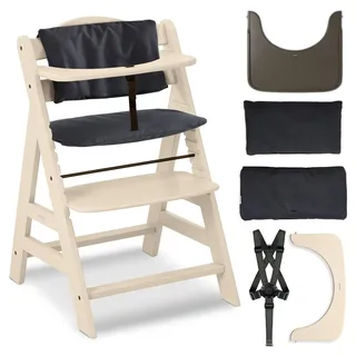 Hauck Hochstuhl Alpha Plus Vanilla - im Sparset inkl. Holz-Essbrett und Sitzkissen - Charcoal