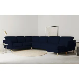Home affaire Wohnlandschaft MARSEILLE XXL 349cm, U-Form, Ottomane rechts/links wählbar, Massivholzbeine Eiche, Landhausstil, Wellenunterfederung blau