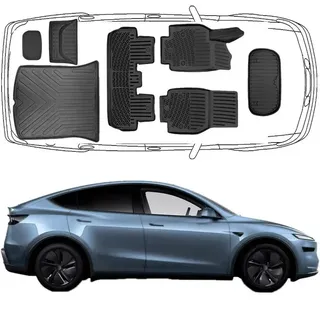 Trimak Passform-Fußmatten Oder Kofferraumwanne Oder Set kompatibel mit Tesla Model Y, Model Y Juniper ab 2025 Gummimatte Auto & Kofferraumwanne 3-teilig Set schwarz
