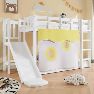 Merax Hochbett 90x200cm, Etagenbett für Kinder mit Treppe, Zäune und Rutsche, Kinderbett mit Rausfallschutz und 2 Lattenrost, Spielbett mit Bettvorhang, Stockbett Jugendbett, MDF+Kiefer, Weiß