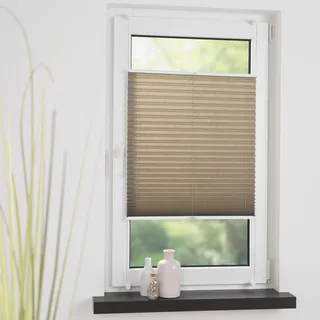 Liedeco® Plissee Made in Germany, lichtdurchlässig & verspannt, 100% Polyester, 2 Montagearten ohne/mit Bohren, Klemmträger bis 25 mm, stufenlos verstellbar, Breite: 75 cm/Höhe: 140 cm, Taupe