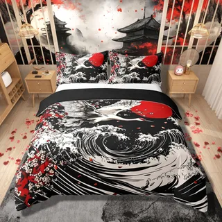 Loussiesd Japanische Welle Bettwäsche Set 200x200cm Crane Japanischer Stil Bettbezug Set Exotische Orientalische Betten Set Japanische Ukiyoe Traditionelle Retro Thema Bettwäsche-Set