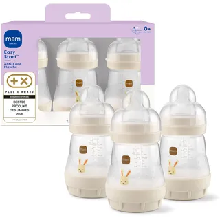 MAM Easy Start Anti-Colic 3x 160 ml, 0+ Monate, Gr. 1, Hase | Selbst-sterilisierend in der Mikrowelle in 3 Min, Anti-Kolik-Bodenventil, brustähnlicher SkinSoft Sauger, ab Geburt
