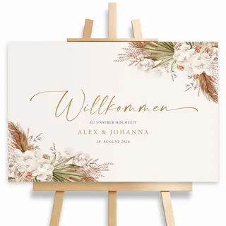 HEI Print Willkommensschild Hochzeit Boho mit Datum und Namen, personalisierte Hochzeitsdeko, Willkommen Schild, Eukalyptus, Leinwand, 60x40