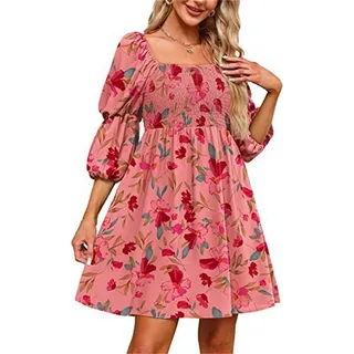 AFAZ New Trading UG A-Linien-Kleid Damen-Sommerkleid mit quadratischem Ausschnitt und Puffärmeln Schulterfreies, süßes Babydoll in A-Linie mit Bluse L