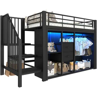 SOFTWEARY Hochbett mit Kleiderschrank, RGB LED-Streifen, Lattenrost, Treppe, Regal, Schubladen und Kleiderstange, Kinderbett mit Rausfallschutz, Metallbett (schwarz, 90x200 cm)