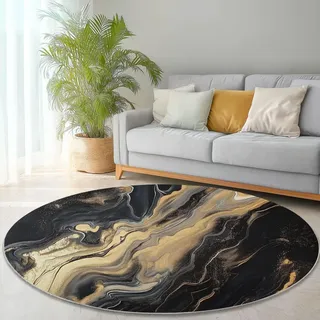 Generisch Teppich Rund 90 cm Weich und Flauschig Teppich Gegend Kreis rutschfest Waschbar Abstrakt Schwarz Und Gold Marmor Bedruckt Bodenteppich Wohnzimmer Schlafzimmer (Schwarz)