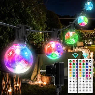 50 LED Lichterkette Außen Bunt, Lichterkette Außen Strom, 15M 24 Farben Wasserdicht IP65 G40 Glühbirnen Beleuchtung mit RGB Fernbedienung für Outdoor Weihnachten Garten Hof Hochzeit Party Balkon Deko