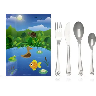 Zilverstad Kinderbesteck mit Namensgravur - Gartenteichtiere - Fisch, Frosch, Schildkröte, Ente - 4-teilig eigener Gravur/Namen auf Besteck (Gravur möglich)