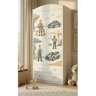 Schrank Kinderzimmer Weiß 2 Türen 2 Schubladen Kleiderschrank Kinder mit Kleiderstange 88x187 cm, bunte Aufkleber - Weiß