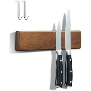 ENOKING Magnetleiste Messer 26 cm, Messerblock Magnetisch ohne Messer, Magnet Messerhalter aus Akazienholz mit 2 Haken