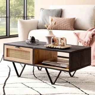 FineBuy Couchtisch FineBuy Sofatisch Massivholz Rattan 90x45x37 cm Wohnzimmertisch Tisch