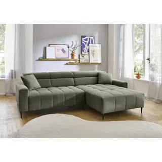 Wohnlandschaft >Stanislaw< in grün, Ottomane rechts, elektrische Sitztiefenverstellung, Metallfüße schwarz gepulvert, Nosagunterfederung, Polyätherschaum, inkl. 2 Zierkissen, 256x78-100x180 cm (BxHxT)