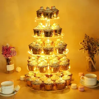 Ulifeme 5 Etagen Cupcake Ständer, Gelb LED Lichterkette de Tortenständer Acryl für Hochzeit, Party, Geburtstag, Baby Duschen & Kuchen Dessert, Torten Etagere 5-stöckig, Runder Cupcake Stand