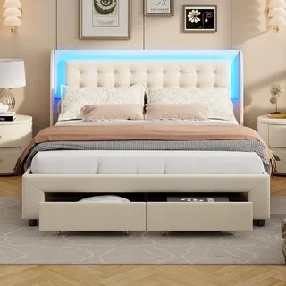 DULRLLY Doppelbett Polsterbett 180x200 cm mit LED Beleuchtung und 2 Schubladen Bett mit Stauraum Jugendbett mit Lattenrost Hydraulisch Stauraumbett Bettgestell, Ohne Matratze,Beige