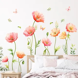 Supzone Wandtattoo Mohnblume Schmetterling Wandaufkleber Großes Blumen rosa Wandsticker Abziehen und Ankleben Wanddekor Frühlingsblume für Wohnzimmer Schlafzimmer Sofa TV Hintergrund Wanddeko