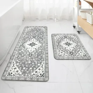 Uphome Boho-Vintage-Badezimmerteppich-Set, grau, rutschfest, weich, maschinenwaschbar, orientalisch, ästhetisch, Badläufer, traditioneller Tribal-Blumenmuster, Bodenmatten für Dusche, Waschtisch