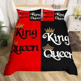 Cartoon Crown Queen King Bettwäsche Set S Größe,Paar Liebhaber Bettbezug Set,Teens Frau Männer Zimmer Dekor,Rot und Schwarz Tröster Abdeckung Valentinstag Hochzeit Thema Quilt Cover,1 Kissenbezug