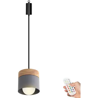 FSLiving Dimmbare Hängelampe mit Batterie Innen, Modern Metall Hängeleuchte Batteriebetriebene Lampe, Pendelleuchte ohne Strom Stromanschluss für Küche Nachttischcafé,Grau