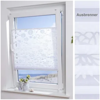 ourdeco® Plissee Ausbrenner mit Blumenmotiv; 75 x 130 cm weiß, Blumenmotiv durchsichtig, lichtdurchlässig/Klemmen=Montage ohne Bohren=Smartfix=Klemmfix-Plissee=Easy-to-fix