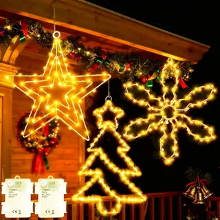 Cozymeow Metall Große Weihnachtsdeko Fenster 3 Stück Hängend Stern | Baum/Schneeflocke Fensterbeleuchtung Weihnachten mit Timer,Weihnachtsbeleuchtung Außen Batterie Wasserdicht Led Stern Fenster