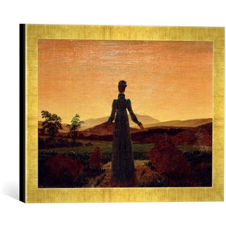 Gerahmtes Bild von Caspar David Friedrich Frau vor der untergehenden Sonne, Kunstdruck im hochwertigen handgefertigten Bilder-Rahmen, 40x30 cm, Gold Raya
