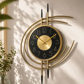 K&L Wall Art 54cm große goldene Wanduhr für Wohnzimmer Uhr ohne Tickgeräusche Metalluhr Schwarz Gold Wanduhren Goldoptik