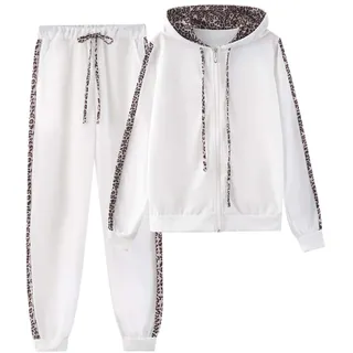 amropi Traingsanzug Damen Jogginganzug Leopard Kapuzenpullover Lange Ärmel Top + Hose Sportanzug 2 Stück (Weiß,S) - S