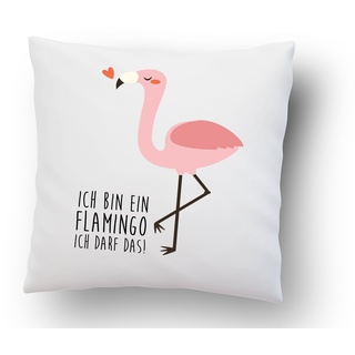 LIEBTASTISCH Kissen mit Spruch: ''Ich Bin EIN Flamingo, ich darf das!'' - 40cm x 40cm - Kissen inkl. Füllung - Deko Kissen - hochwertige Qualität - weiß - Flamingo - Pink - Federn