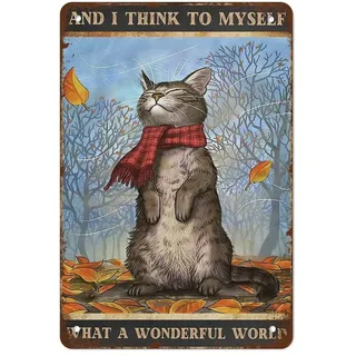 Retro Metall Blechschild Herbst Blätter und Katze What A Wonderful World Poster Herbstblätter Wandkunst 14 x 20 cm Home Bar Pub Shop Dekorationen Esszimmer Küche Kaffee Vintage Schild Geschenk