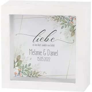 Herz & Heim® Geldgeschenk zur Hochzeit Spardose im Bilderrahmen mit Namen der Eheleute und Datum