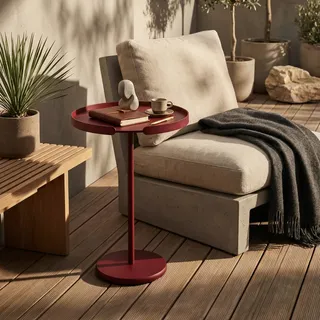 Beistelltisch Outdoor Aluminium wetterfest – OLLIE, runder Metalltisch, modern & stabil, für Balkon, Terrasse, Garten & Wohnzimmer, Couchtisch klein, Kaffeetisch Made in EU (Rot, 56.9cm)