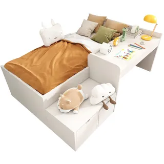 Einzelbett 90x200 Massivholz bett Stauraumbett Schreibtisch Schubladen Multifunktion Kiefer MDF Weiß