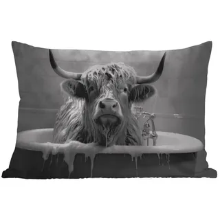 MuchoWow Dekokissen Schottischer Highlander - Schwarz und Weiß - Bad - Schaumstoff, Outdoor-Dekorationskissen, Kissen, Kissenbezug, 60x40 cm schwarz Rechteckig | 60 cm x 15 cm x 40 cm