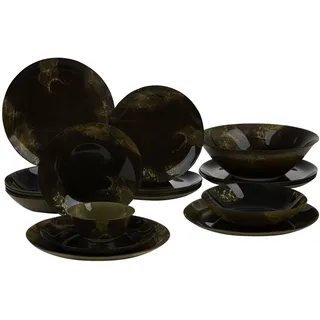 Luminarc Tafelservice 6 Personen Metavox 19-tlg Natronkalkglas schwarz-gold | gehärtetes Glas spülmaschinenfest mikrowellengeeignet Marmoroptik