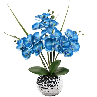 Kunstblumen Orchidee Künstliche Kunstpflanze Phalaenopsis Blau Blumen Deko Höhe 49 cm, Fest verankert im Keramiktopf
