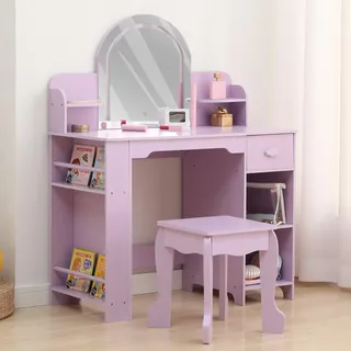 Garvee Kinder Schminktisch mit LED-Spiegel & Hocker – Holz Frisiertisch für Mädchen mit Schublade, Bücherregal & offenen Fächern – Ideal als Schmink- & Spieltisch – Lila