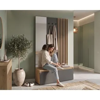 Home affaire Garderobenpaneel LANDUVA Garderobe mit Schuhschrank, Spiegel und Haken, Breite 120 cm, Garderoben-Set, Kompaktgarderobe, mit Sitzbank, Lamellen Design grau