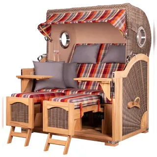 Mr. Deko bene,iving Strandkorb Komplettset Ammersee Grande XL Teak Bullauge PE grau Modell 584 inkl. Liftersystem Schutzhülle Doppelrollen Glasbecherhalter