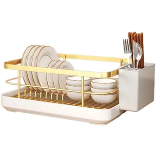 JUSHZ Abtropfgestell Geschirr Geschirrabtropfgestell Dish Rack Geschirrständer Abtropfhalter Ständer Geschirrablage Abtropfständer Besteckkorb Starke Tragfähigkeit Abtropfschale ABS (Gold 34x26x15CM)