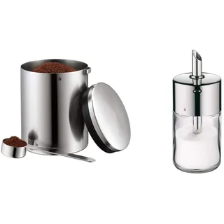 WMF Kult Tee- Kaffeedose für 500g, spülmaschinengeeignet & Barista Zuckerstreuer 240g, Glas, Cromargan Edelstahl poliert, ideal für weißer/brauner Zucker, Kakao oder auch als Gewürzstreuer