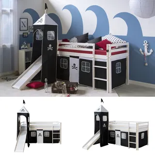 Homestyle4u Hochbett Pirat 90 x 200 cm Kiefer massiv weiß