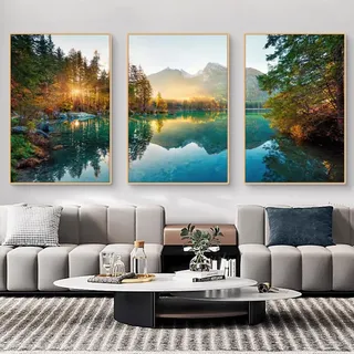 Ueiwffzo 3er Poster Set, Moderne Grün Landschaft Wald Bilder, Wandbilder Wohnzimmer Bilder, Wandposter, Ohne Rahmen Schlafzimmer Wanddeko Poster (30x40cm)